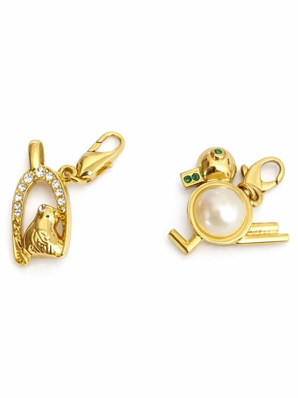 Vintage Gold-Tone Clip-On Charms with Rhinestones & Faux Pearls